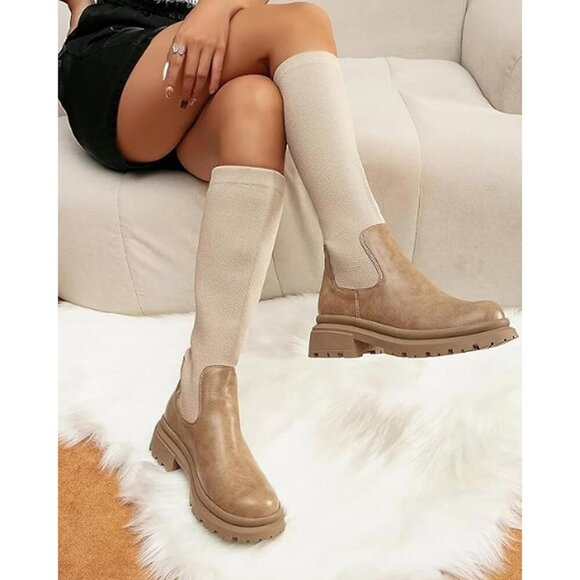 🆕 MOUSSE FIT Women’s Apricot Knee High Boots Chunky Heel Lug Sole Rubber - Picture 6 of 6